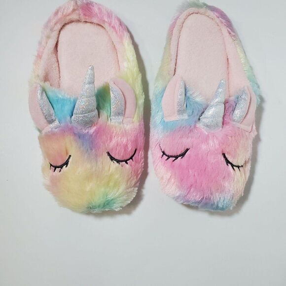 Sweet Dreams Rainbow Pastel Fuzzy Girly Sleeping Plush Unicorn House Slippers - Picture 3 of 4
